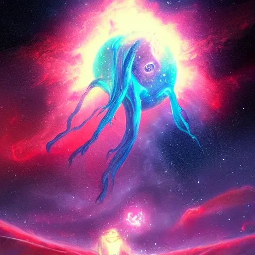 Prompt: gigantic eldritch creature floating in space with a nebula in the background, digital art, artstation, detailed, realistic