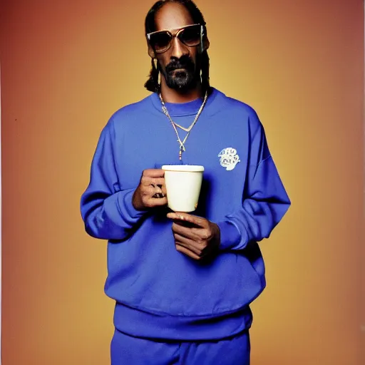 Image similar to Snoop Dogg holding a coffee cup for a 1990s sitcom tv show, Studio Photograph, portrait, C 12.0