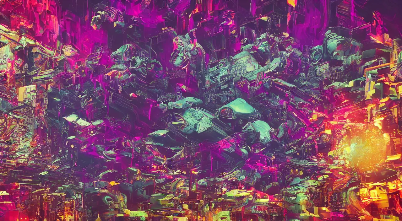 Image similar to grimy digital screen, vcr skip, typography, high detail, comic painted surrealist, intricate and contrasted lighting detail, colored powder explosion, very high detail, super maximalism, datamosh, intense details, octane render, ambient occlusion, vaporwave maximalism, intricate detailed maximalism, windows 3d pipes screensaver, slo mo guys, slow motion macro