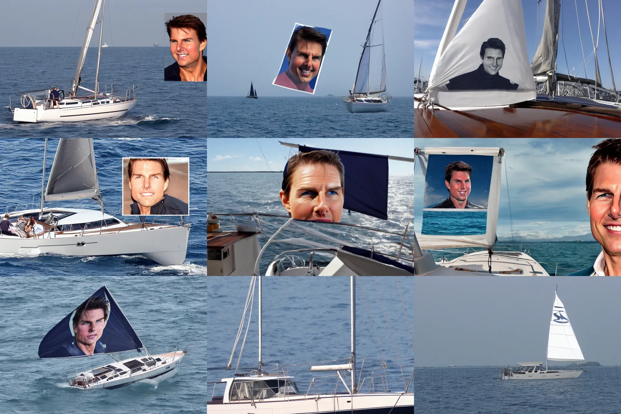 Prompt: sailboat with tom cruise face on the sail