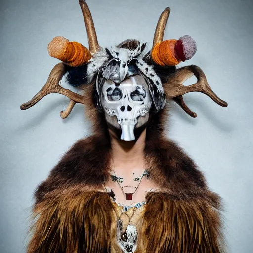 Image similar to hyperrealistic mixed media portrait portrait of a anthropomorphic norse mythology mimosa, wearing furry clothes and artifact head gear made of deer horn and skull bones embaded with jewels in the style of heilung an experimental folk music band, elegant, highly detailed, hyper realism, 4k, DSLR, artstation, smooth, sharp focus, octane render, 3d, good clear quality, lighting, biology, symmetrical artwork, perfect face, high detail, octane render W 832