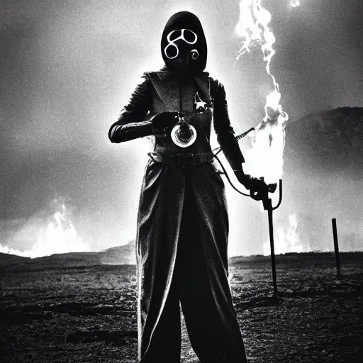 Image similar to agent woman with white suit, she wear gasmask, in mordor, standing close to Sauron's eye, fire raining, professional photography, black and white, cinematic, eerie