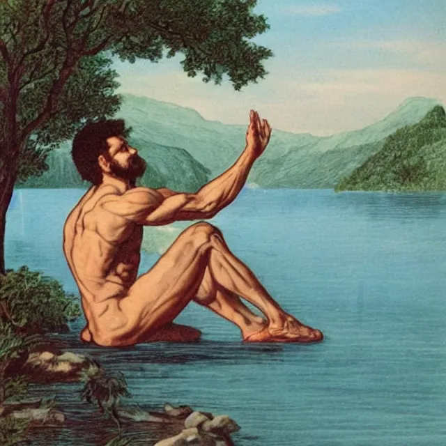 Image similar to muscular greek god sitting by a lake, vintage illustration