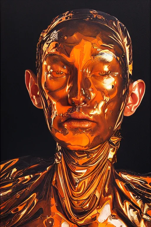 Prompt: hyperrealism oil painting, close-up portrait of melting medieval fashion model, melted cyborg, orange gradient mixed with star sky, in style of classicism mixed with 70s japan book art