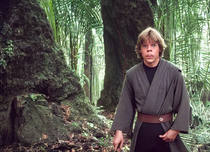 Prompt: Luke Skywalker at the new jedi temple school, in the jungle. Photographed with Leica Summilux-M 24 mm lens, detailed photorealistic face, ISO 100, f/8, Portra 400