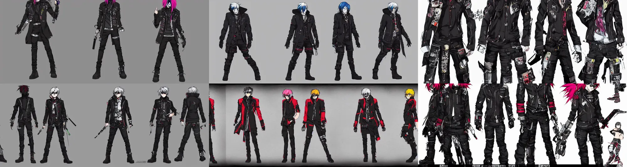 Prompt: a male anime cyberpunk hero protagonist wearing a heavy jacket inspired by the Gerard way killjoys character Party Poison, character concept exploration, outfit designs, trending on artstation