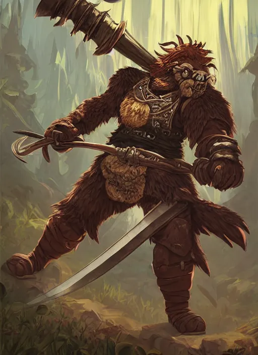 Image similar to bugbear ranger, black beard, dungeons and dragons, hunters gear, flaming sword, jeweled ornate leather armour, concept art, character design on white background, by studio ghibli, makoto shinkai, poster art, game art