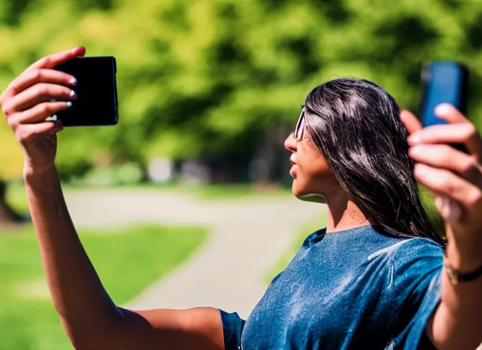 Image similar to photo still of a bronze statue of a woman using an iphone to take a selfie in a park on a bright sunny day, 8 k 8 5 mm f 1 6