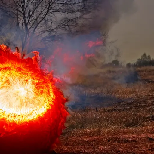 Image similar to red hot burning sphere embedded in fireball explosion with fire, 4 k