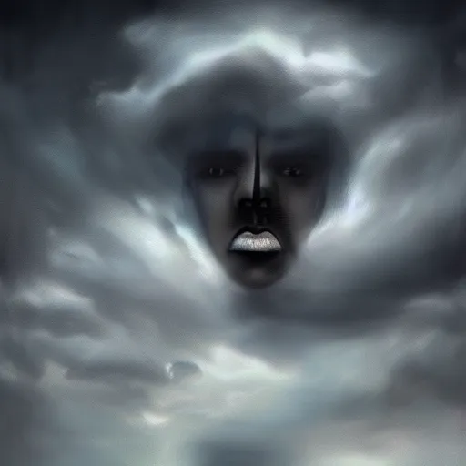 Image similar to a face in anguish coming out of the clouds, dark skies, ominous mood, breathtaking digital painting,