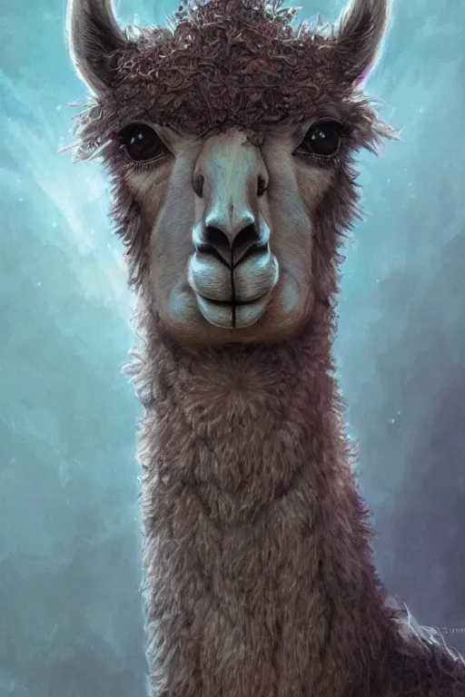 Prompt: Portrait of a Llama, D&D, blue eyes, face, fantasy, sacred halo, byzantine iconography, dark runic gothic, intricate, elegant, highly detailed, digital painting, artstation, concept art, smooth, sharp focus, illustration, art by artgerm and greg rutkowski and alphonse mucha, daily deviation