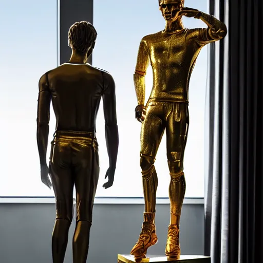 Image similar to a realistic detailed photo of a guy who is an attractive humanoid who is half robot and half humanoid, who is a male android, soccer players martin ødegaard & timo werner, shiny skin, posing like a statue, blank stare, in a living room, on display, showing off his muscles, gold soccer shorts, no jersey, statue, many copies of them