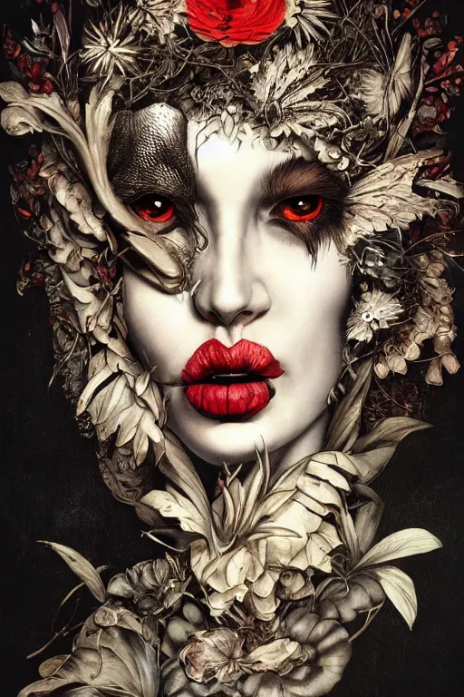 Prompt: Detailed maximalist portrait a with large lips and with large white eyes, angry expression, fleshy botanical, HD mixed media collage, highly detailed and intricate, illustration in the style of Caravaggio and Ryohei Hase, dark art, baroque