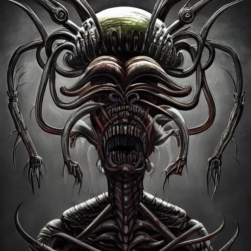 Image similar to beautiful painting of a muscular cleaver-headed chef monster with a thousand eyes in the style of Welder Wings and H. R. Giger. Dark background, detailed, trending on Artstation