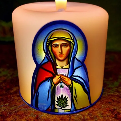 Prompt: mother mary on a votive candle holding a marijuana leaf from a brooklyn bodega