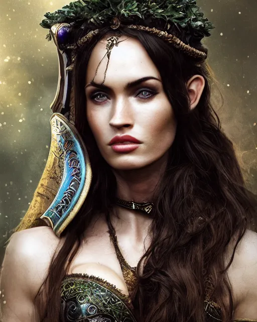 Image similar to photorealistic head and shoulders photo of beautiful victorian female ornate fantasy greek elf spartan warrior goddess, megan fox, wind blown hair, seductive, confident, Neil Blevins, Frank frazetta, arney freytag, Ritu Kumar, Sabyasachi Mukherjee, Annie Leibowitz, Magic the gathering,octane, bokeh, 8k, fashion pose, cinematic, 28mm