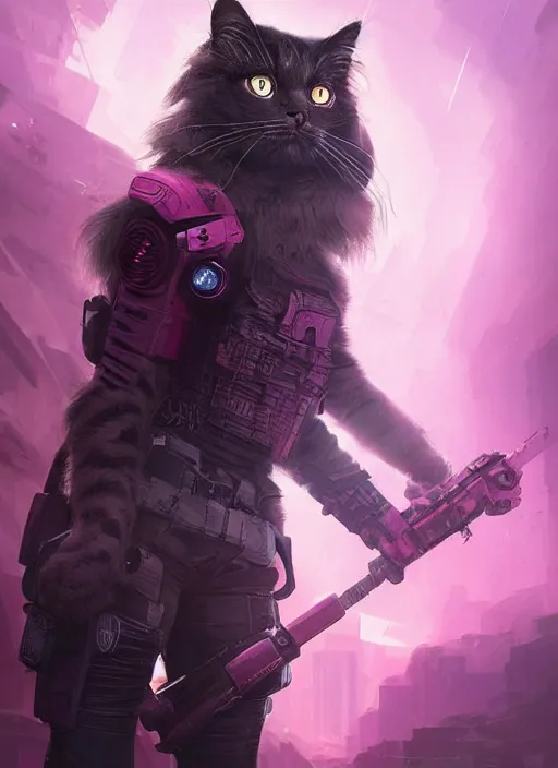 Image similar to a full body portrait of a futuristic cyberpunk british longhair cat soldier in war scene, epic lighting, pink vibe, ultra detail, hd, by greg rutkowski