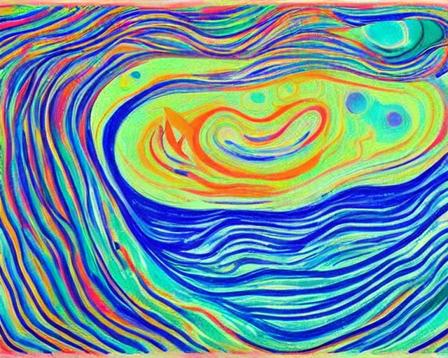 Image similar to Ocean waves in a psychedelic dream world. DMT. Curving rivers. Landscape painting by Edvard Munch. David Hockney. Takashi Murakami.