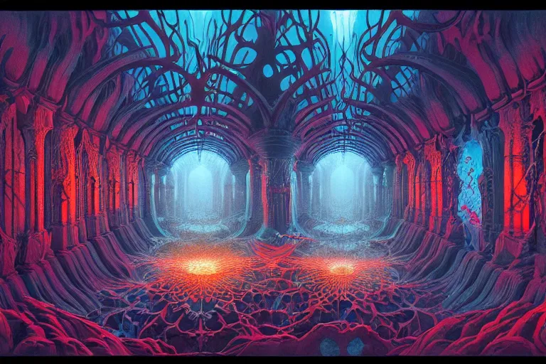 Image similar to the inside of a symmetrical hellish dungeon, matte painting, 4 k, epic composition, volumetric light, abstract illusionism, by william stout, kilian eng, damien hirst, pour paint