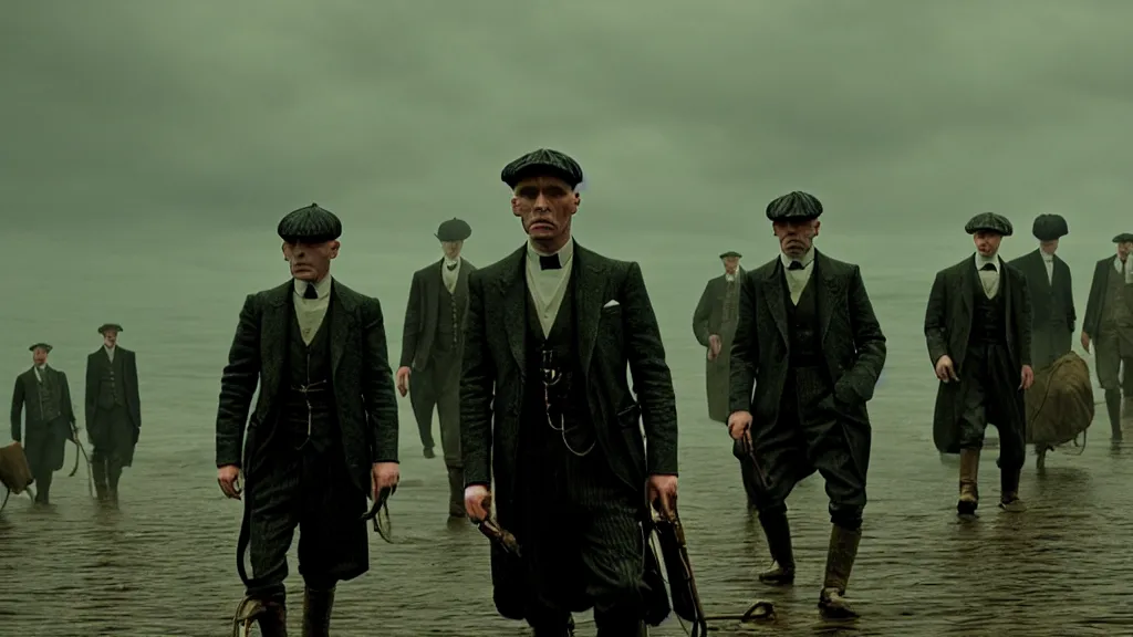 Image similar to the peaky blinders made of shrimps coming out of the ocean film still from the movie directed by denis villeneuve with art direction by zdzis
