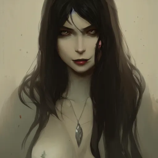 Image similar to female human vampire witch in the style of greg rutkowski, makoto shinkai, trending on artstation, character design, concept art, pretty face, highly detailed, long black hair, portrait, digital art