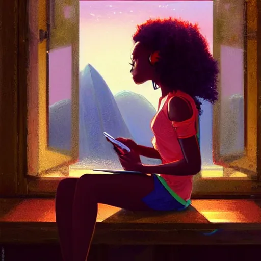 Image similar to lo-fi colorful masterpiece by Greg Rutkowski, WLOP, Dan Mumford, Christophe Vacher, painting, black girl, curly hair, with headphones, studyng in bedroom, window with rio de janeiro view, lo-fi illustration style, by WLOP, by loish, by apofis, alive colors