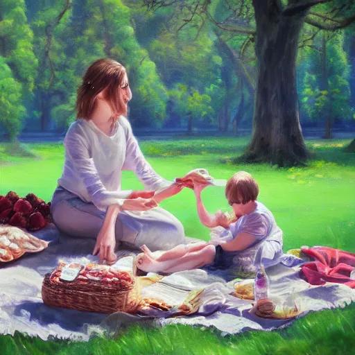 Image similar to a picnic, oil painting, pale colors, high detail, 8 k, wide angle, trending on artstation,