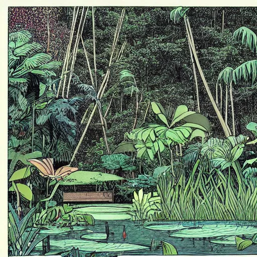 Image similar to a pond in a lush jungle, drawing by moebius