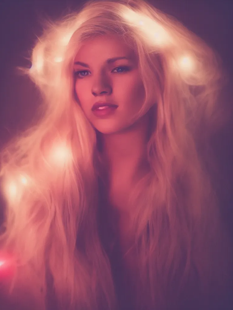 Image similar to photograph of a pretty blond woman illuminated with red light, soft light, night