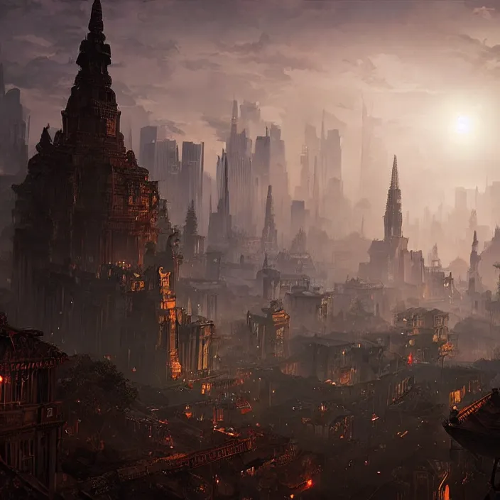 Image similar to noir skyline from steampunk cambodia, epic, volumetric lighting, oriental, unreal engine, detailed, by greg rutkowski, by adolph menzel, by takashi murakami