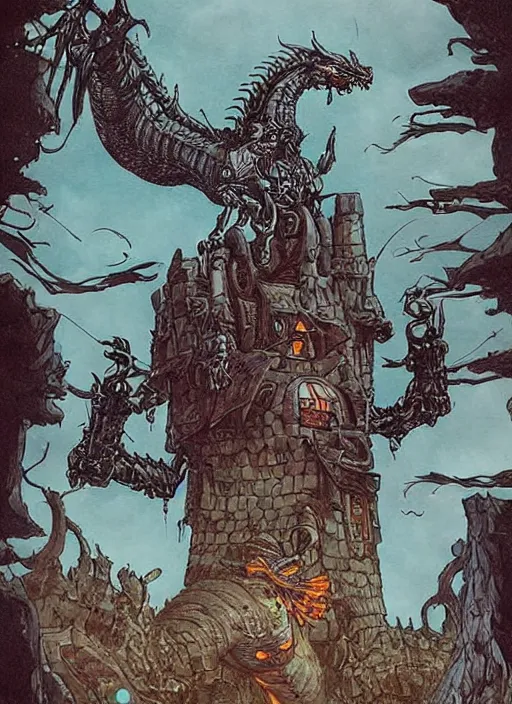 Image similar to detailed fantasy comic book drawing of a ( giant mechanical dragon ) over a ( stronghold castle ) by dariusz zawadski and simon stalenhag, simon bisley!, jack kirby!!! and gris grimly, cinematic, epic, awesome color palette, hard contrast, ink outlines