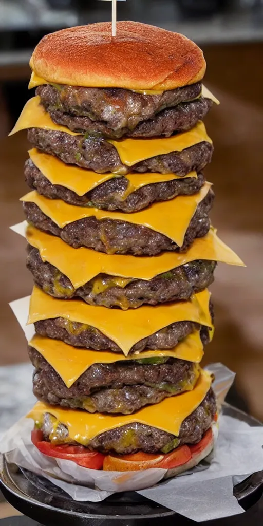 Image similar to a cheeseburger tower made of gigantic stacks of meat patties and cheese slices with a bun on each side, delicious looking burger - stack - tower