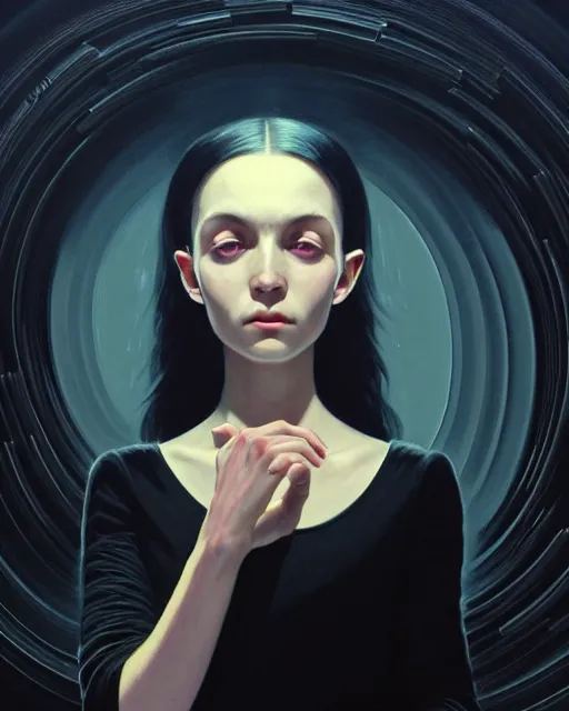 Image similar to high angle picture of a black dress witch researching about the azathoth, model pose, very brightening eyes, huge magic circles on the hand, magic and fantasy, extremely beautiful and aesthetic and detailed cute face, specular reflection, occlusion shadow, intricate, masterpiece, by ilya kuvshinov and jeremy lipking and quentin mabille