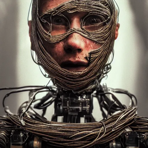 Prompt: a detailed portrait of a vagabond robot in dessert rags, 4 k, exposed wires, sci - fi, advanced technology, ai