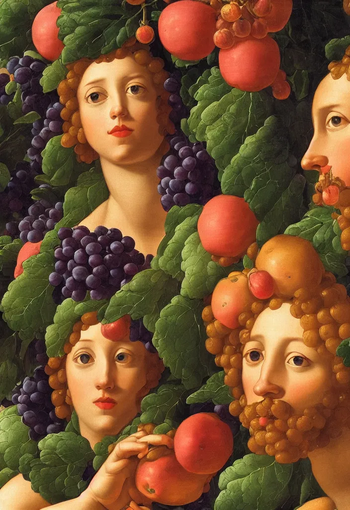 Image similar to men and women, closeup portrait, garden with fruits on trees, ultra detailed, liquid gold, Guido Reni style