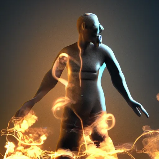 Image similar to man made of smoke particles octane render houdini