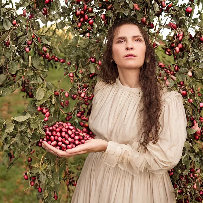 Prompt: a closeup portrait of a woman wearing a dress made of tangled twisted knotted iridescent ribbon, picking pomegranates from a tree in an orchard, foggy, moody, photograph, by vincent desiderio, canon eos c 3 0 0, ƒ 1. 8, 3 5 mm, 8 k, medium - format print