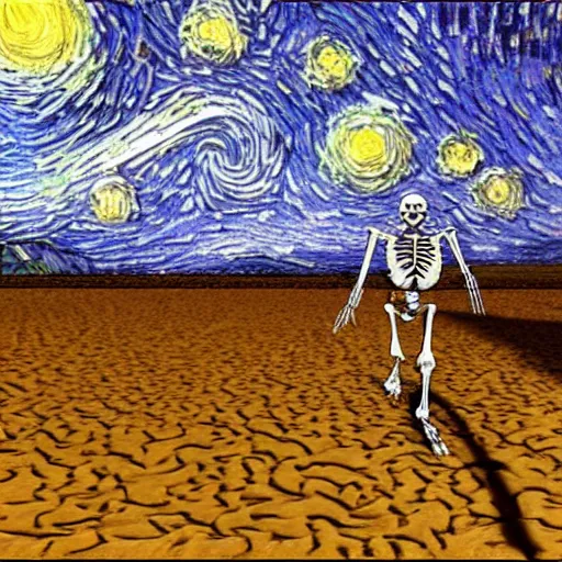 Image similar to 3 d render, skeleton, ship, walking, desert, in the style of van gogh starry night.