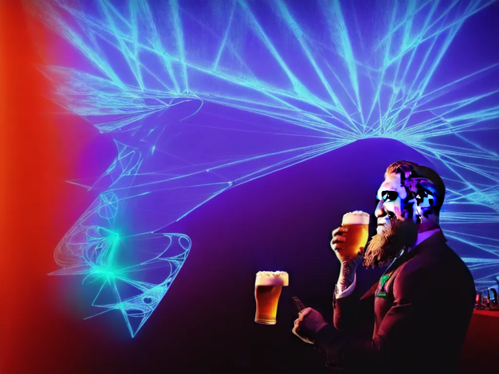 Image similar to conor mcgregor drinking a beer in an irish pub, laser show with blue cloud patterns, well framed, neon standup bar, trending on art station, in the style of the movie heat with al pacino, volumetric lighting & shadows, digital art, unreal engine, 4 0 0 mm f 1. 2,