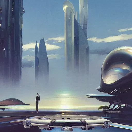 Prompt: gorgeous sci fi imagery | landing spot | space and city flying craft | futuristic | beautiful couple in the foreground heading to their hovering transport | futurism | modern couple | futuristic cityscape in the background | low angle | golden ratio | by john berkey, greg rutkowski, james gurney