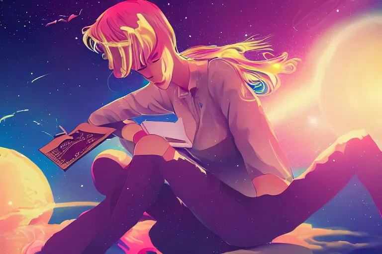 Image similar to a beautiful girl reading a book in space, lofi, anime, digital art, neon, synthwave,