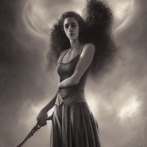 Image similar to By Tom Bagshaw and Boris Vallejo, ultra realist soft painting of castle court by night, centered fading Hermione Granger fully dressed, horror, omnious sky, symmetry accurate features, very intricate details, black and white, volumetric light clouds, 8K