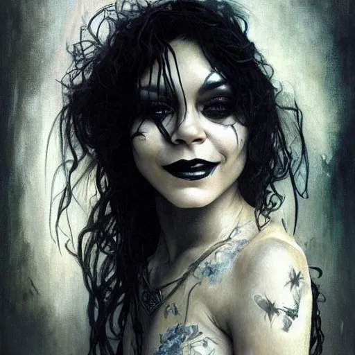 Image similar to beautiful portrait of vanessa hudgens as death from sandman, smiling, by cedric peyravernay, alphonse mucha, by jeremy mann, by lecouffe deharme, goth chic, soft lightning, eyeliner, punk rock, high detailed, 8 k