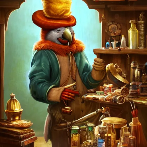 Image similar to Anthropomorphized parrot trader in his shop, wares, portrait, items, magic potions, carpet, window, fancy hat, sly expression , cunning expression, cute expression, presenting wares, D&D, fantasy, cinematic lighting, highly detailed, digital painting, artstation, concept art, smooth, sharp focus, illustration, warm light, cozy warm tint, magic the gathering artwork, volumetric lighting, 8k, art by Akihiko Yoshida, Greg Rutkowski