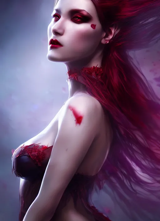 Image similar to beautiful full body portrait vampire queen highly detailed CGsociety subtle enchanting alluring blood magical concept art HDR hyper realistic volumetric lighting subsurface scattering unreal