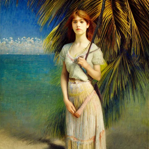 Image similar to a ultradetailed beautiful painting of a girl in the amazonas palace designed by jules bastien - lepage, hans belmer, frank weston and gustave baumann, beach, trending on artstation, mediterranean, palm trees, refracted color sparkles, sharp focus, soft light, 8 k 4 k