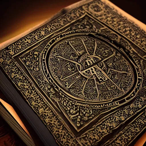 Image similar to an ancient ornate intricate old tome spell book with the sigil symbol of an eye emblazoned on the cover, cinematic, realistic, intricate detail, finely detailed, small details, extra detail, photorealistic, high resolution, 3D, PBR, path tracing, volumetric lighting, octane render, arnold render, 8k