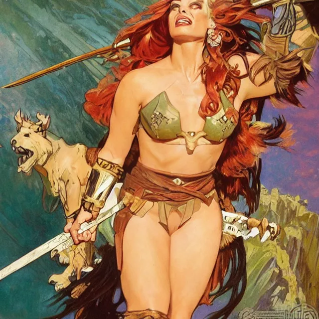 Image similar to an aesthetic!, detailed portrait of margot robbie dressed as a barbarian for marvel studios, action movie still, by frank frazetta and alphonse mucha, oil on canvas, bright colors, art nouveau, epic composition, dungeons & dragons, fantasy art, hd, god rays, ray tracing, crisp contour lines, huhd - 8 k