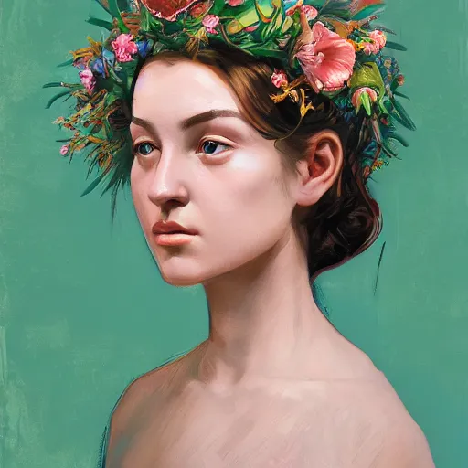Image similar to woman portrait with flower crown by Mandy Jurgens and Warhol, Ernst Haeckel, James Jean, artstation