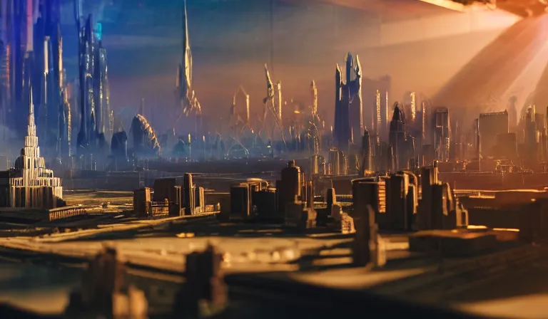 Image similar to crowd of people in large open museum, looking at hologram of futuristic metropolis on a table, cinematic concept art, godrays, golden hour, natural sunlight, 4 k, clear details, tabletop model buildings, center model buildings, hologram center, crane shot, wide shot, high shot